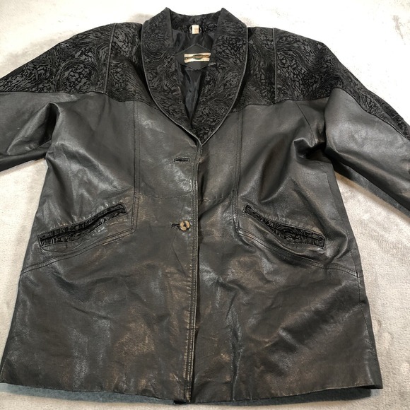 Outbrook Leather Coat Womens Large Black Long Baroque Suede Detail 80s Vintage - Picture 2 of 16